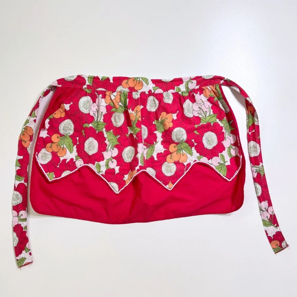 Vintage 50s Half Apron Reversible Red Floral Fruit Rickrack Scallop Retro Kitsch
